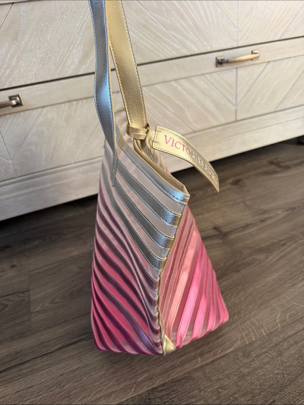 Victoria's Secret Gold to Pink Ombre Striped Tote/Beach Bag - Picture 4 of 5
